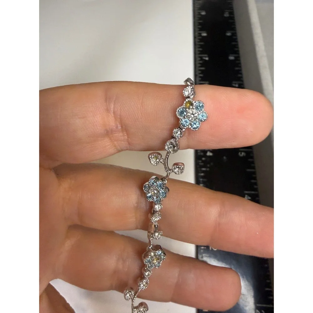 Silver Tone Blue Yellow Floral Vine Link Bracelet 7 Inch Sparkly Flower Jewelry